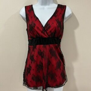 Y2K Red Black Mesh Lace‎ Babydoll Top Sheer Overlay Boho Whimsigoth Size Large